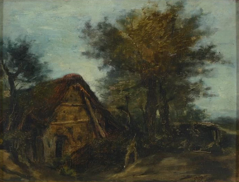 Studio di una casa in un paesaggio boscoso